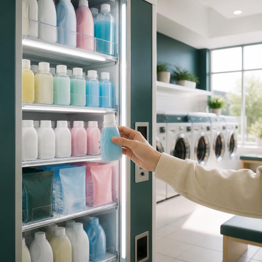 Vending machine stocked with detergent and laundry supplies at Green Spin Laundry Center